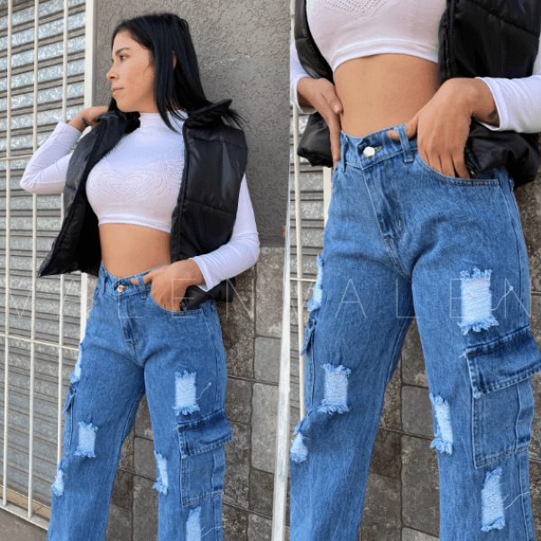 Jean Cargo Wide Leg con roturas