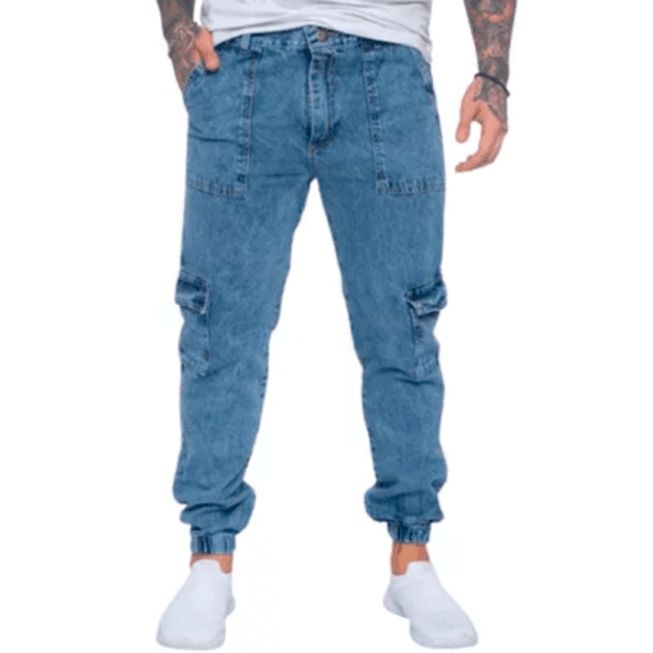Jean hombre ogger rìgido con puño cargo arenado y liso