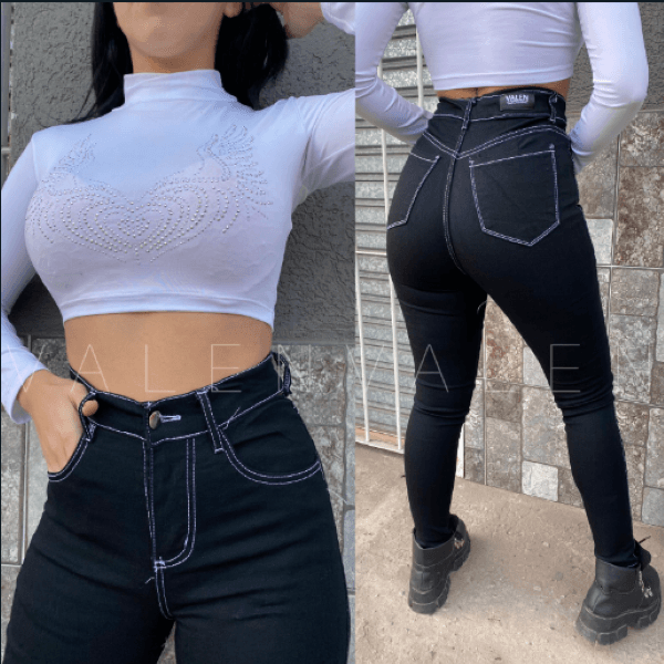 Jean dama negro hilo blanco elastizado